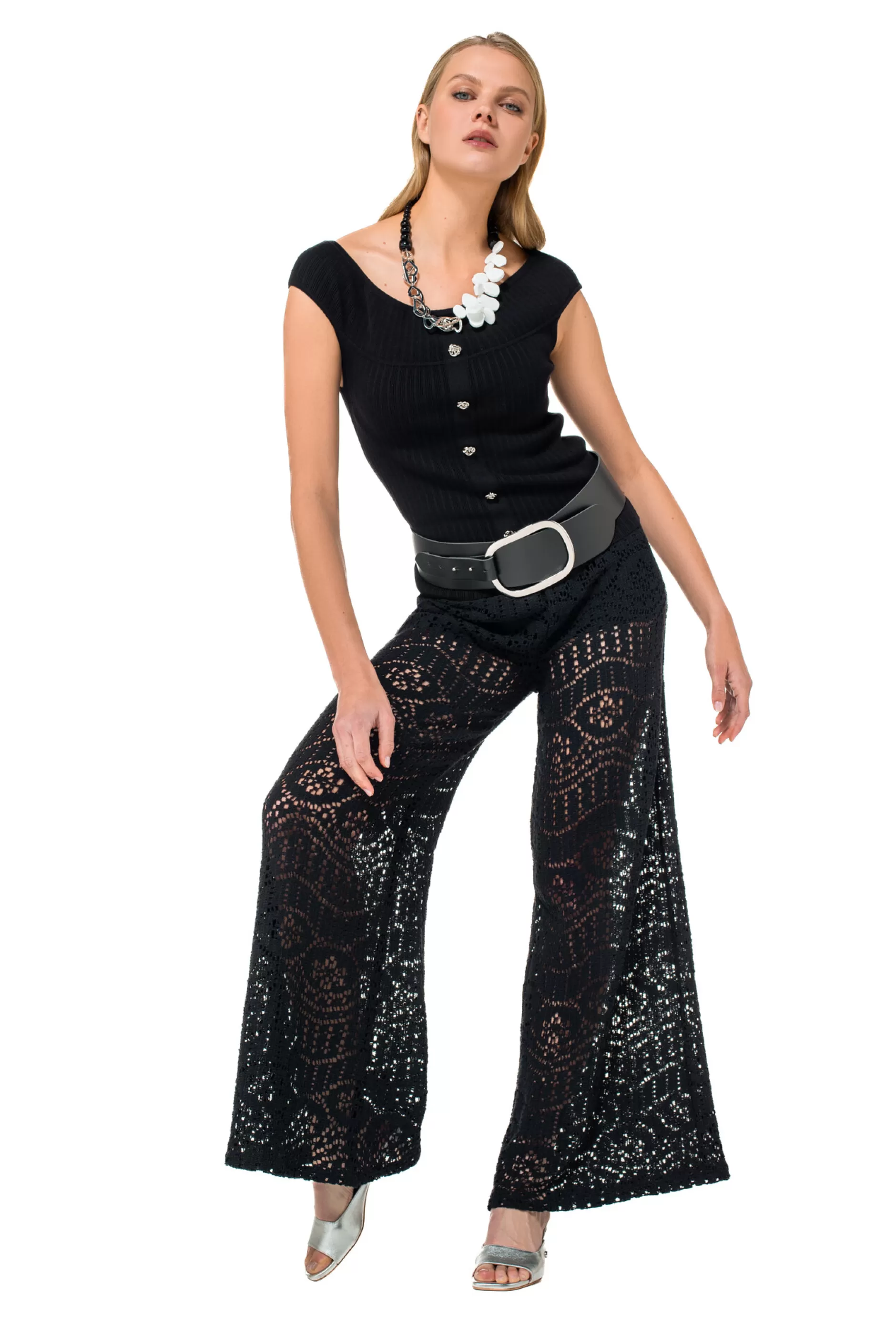 Caroline Biss 1546-10 / Soepelvallende Broek In Crochet, Wijd Been, Normal Waist*Vrouwen Broeken